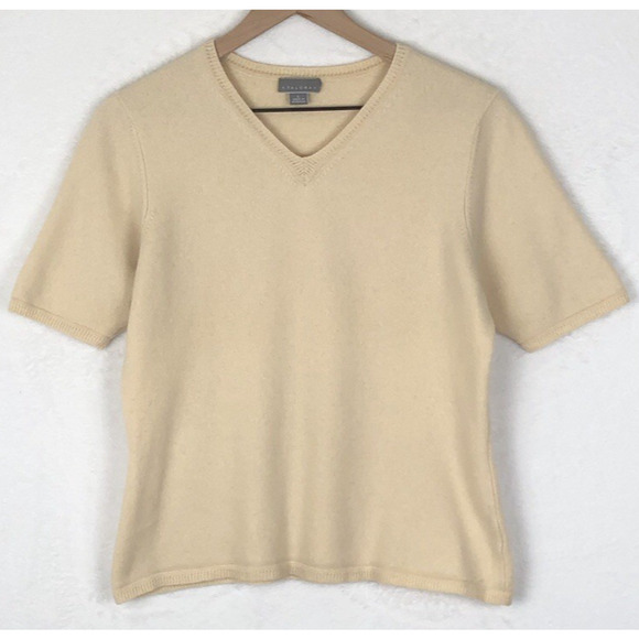 TALORA 100% Cashmere Sweater Women's Sz L Cream Knit Short Sleeve V-Neck Classic - Picture 1 of 10